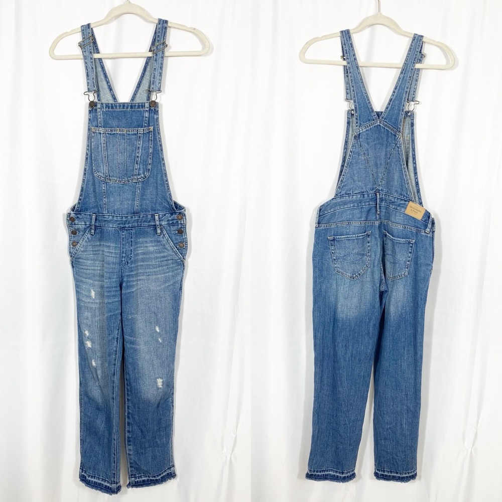Abercrombie & Fitch Distressed Denim Jean Overalls Raw Hem Straight Slim Blue - Picture 2 of 12